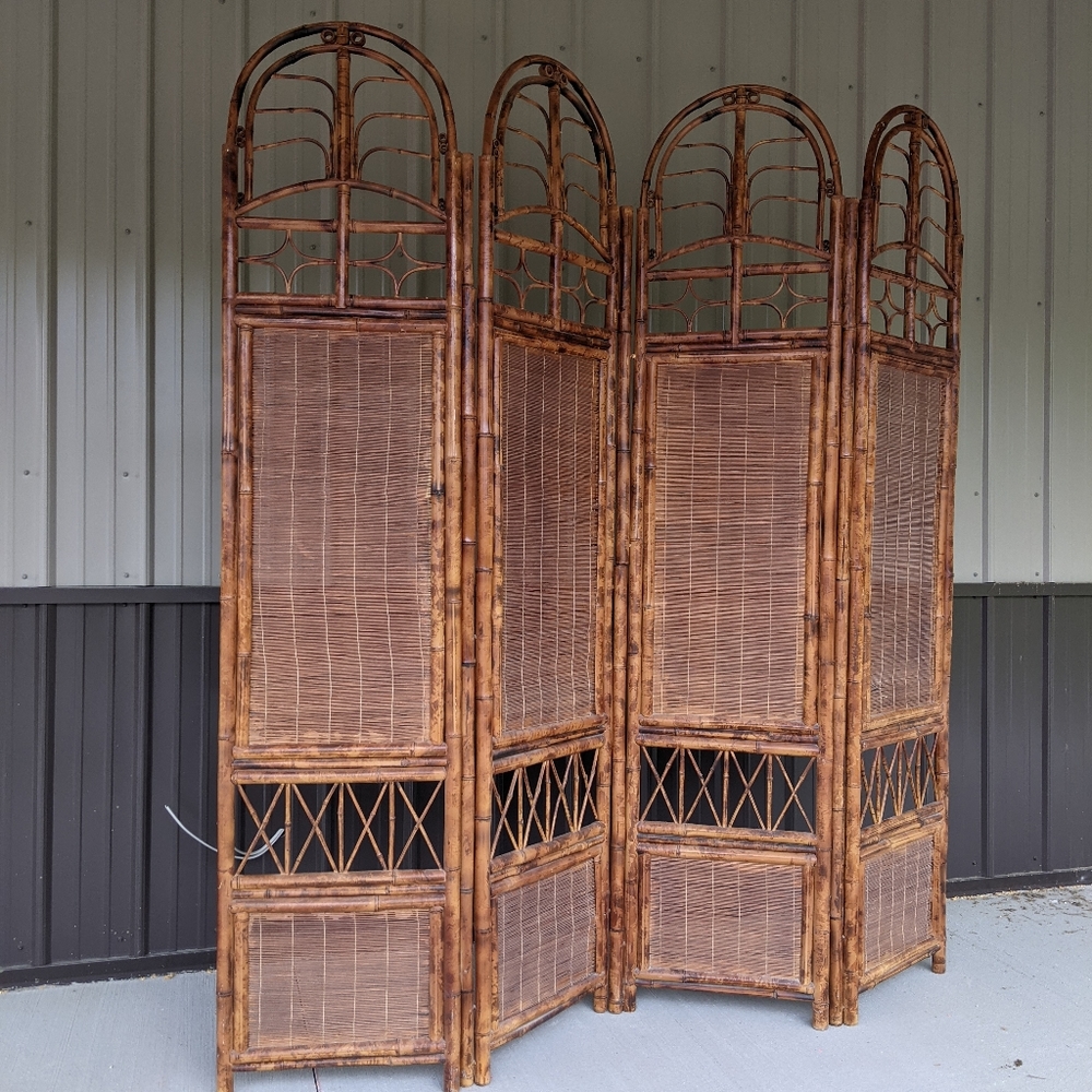 vtg 70s retro rattan bamboo screen room divider - Picture 2 of 9